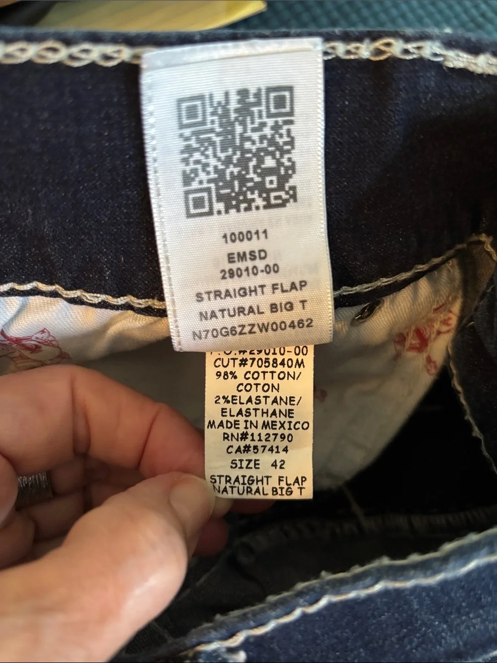 True Religion Mens Straight Flap Natural Big T Jean Sz 42X33 Dark Wash Stretch
